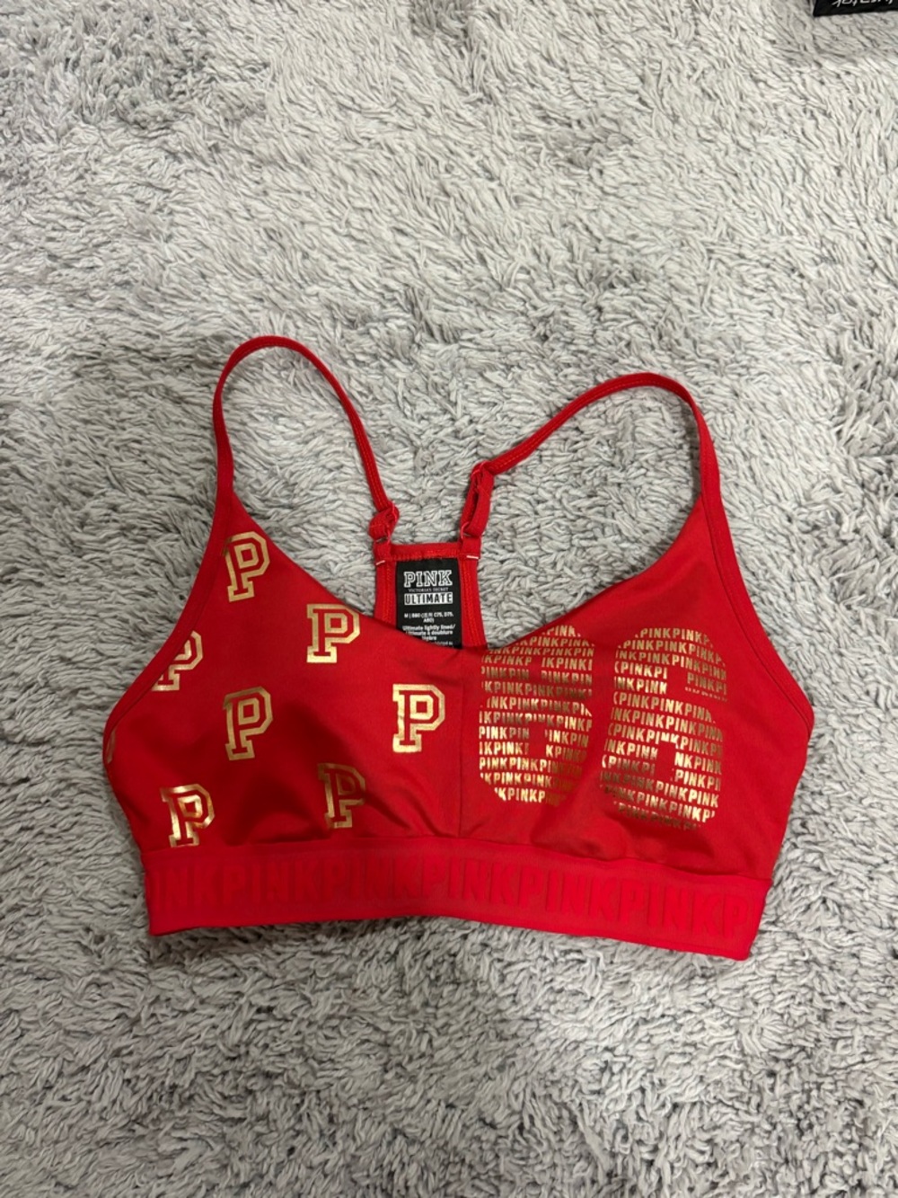 PINK Victoria's Secret Red Sports Bralette with Gold Accents